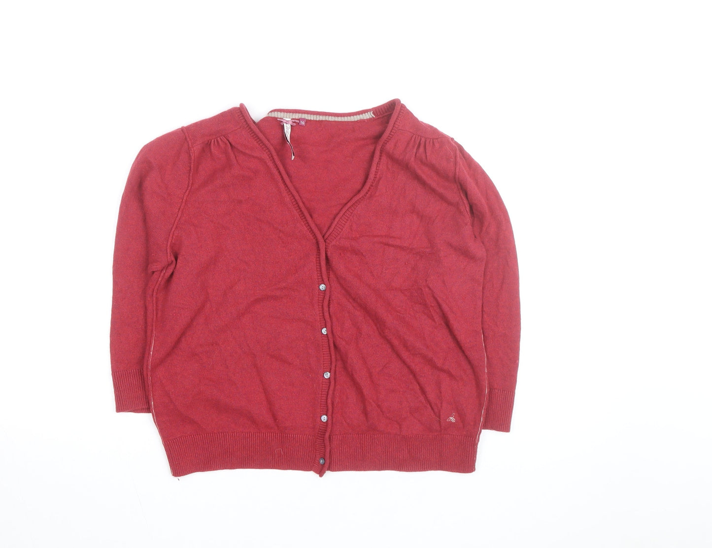 White Stuff Women Red Cardigan Size 16 V-Neck Button Knit Cotton Blend