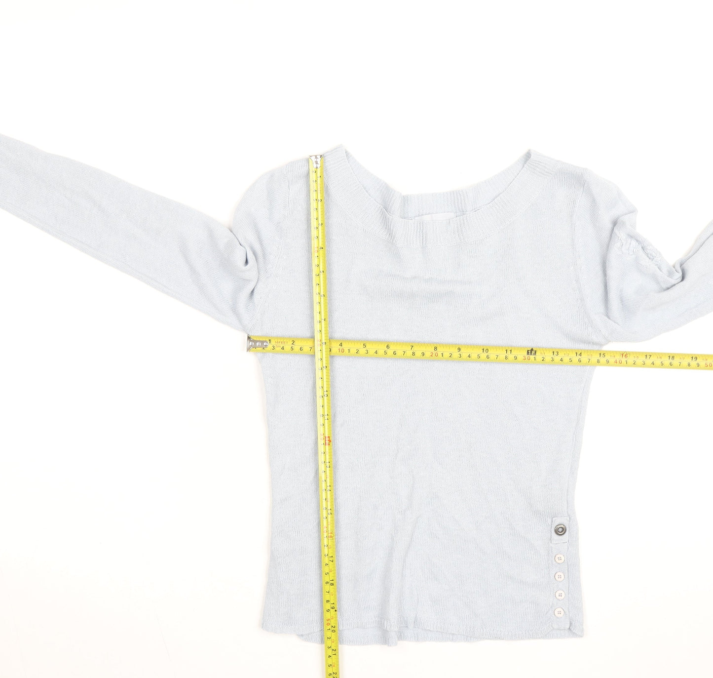 Blanc Bleu Women Blue Linen Boat Neck Button Jumper Size M