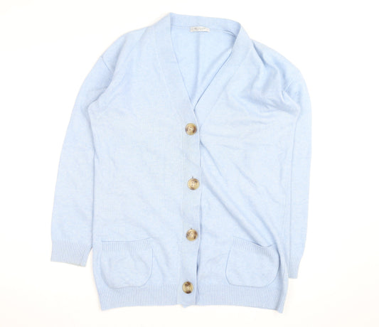 Artigiano Women Blue Merino Wool Blend Cardigan L V-Neck Knit