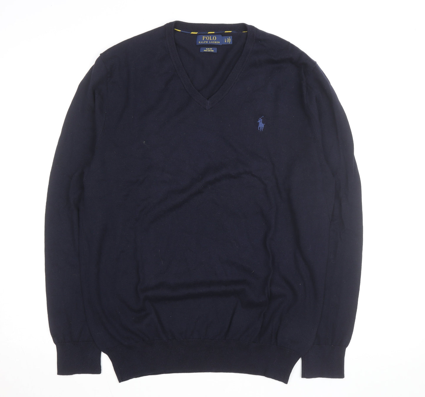 Polo Ralph Lauren Men's Navy Blue V-Neck Slim Fit Cotton Jumper Size L