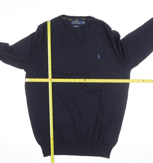 Polo Ralph Lauren Men's Navy Blue V-Neck Slim Fit Cotton Jumper Size L
