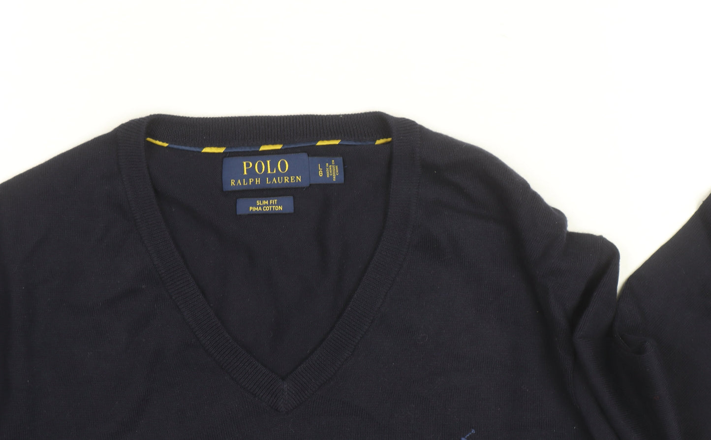 Polo Ralph Lauren Men's Navy Blue V-Neck Slim Fit Cotton Jumper Size L