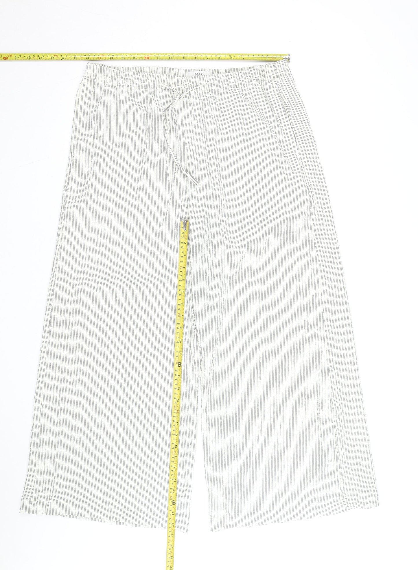 Marks and Spencer Women Blue Stripe Linen Blend Wide-Leg Trousers Size 16 Short