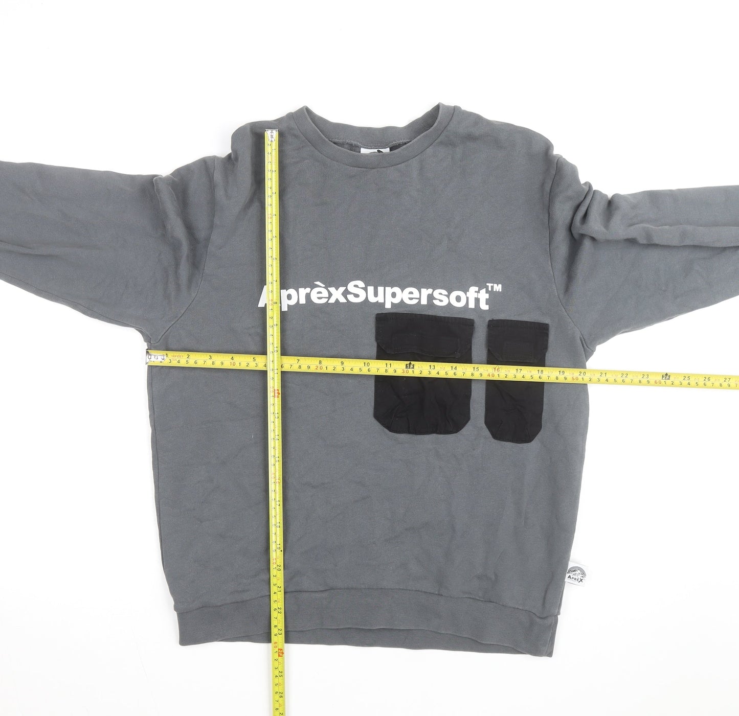 Apres Mens Grey Crew Neck Pullover Sweatshirt Medium with Logo Pockets