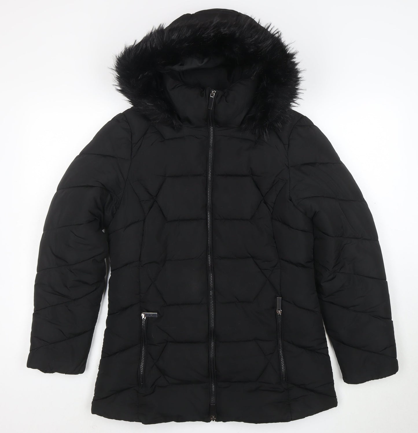 Roman Women Black Hooded Puffer Coat Size 10 with Faux Fur Trim