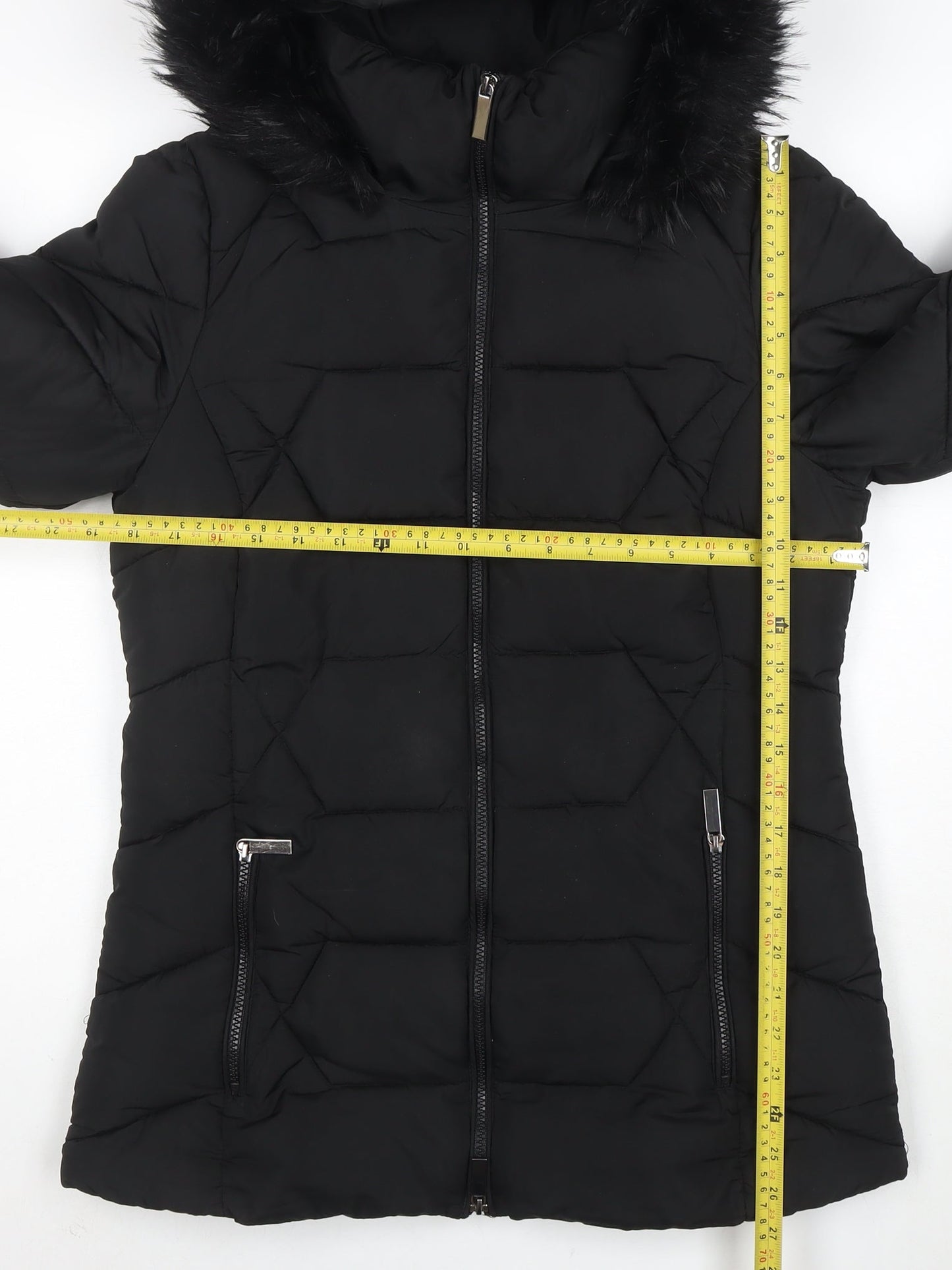 Roman Women Black Hooded Puffer Coat Size 10 with Faux Fur Trim