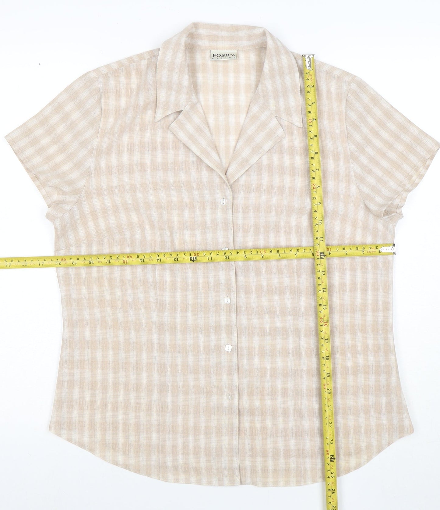 Fosby Design Women's Beige Check Short Sleeve Button-Up Shirt Size 14