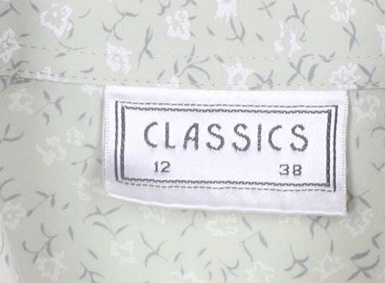 Classics Women Green Floral Button-Up Short Sleeve Blouse Size 12