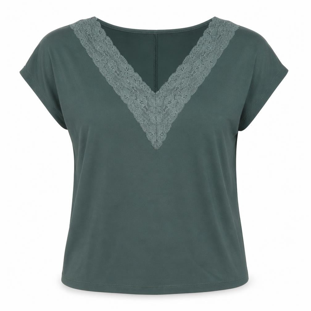 Vero Moda Women's Green Lace V-Neck Short Sleeve T-Shirt M