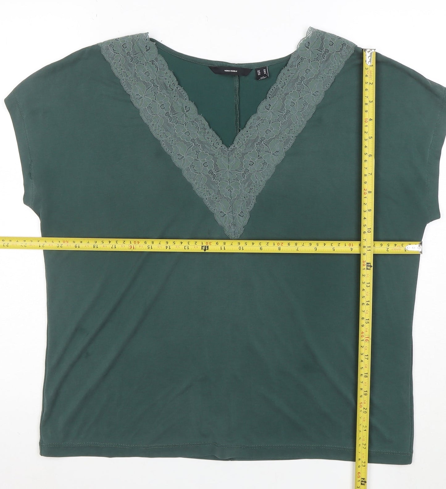 Vero Moda Women's Green Lace V-Neck Short Sleeve T-Shirt M