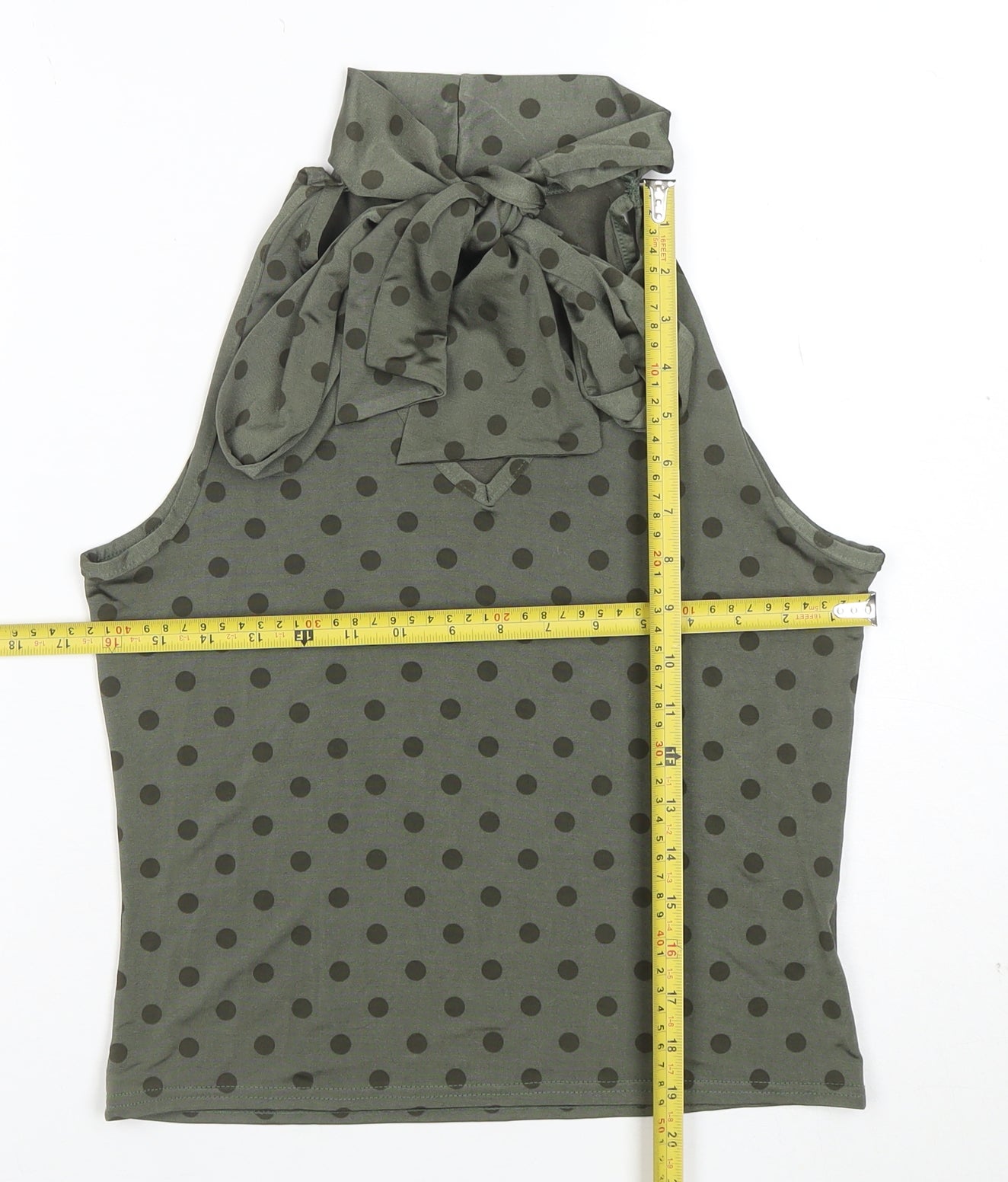 Classic Women's Green Polka Dot High Neck Bow Tie Sleeveless Top Size 14