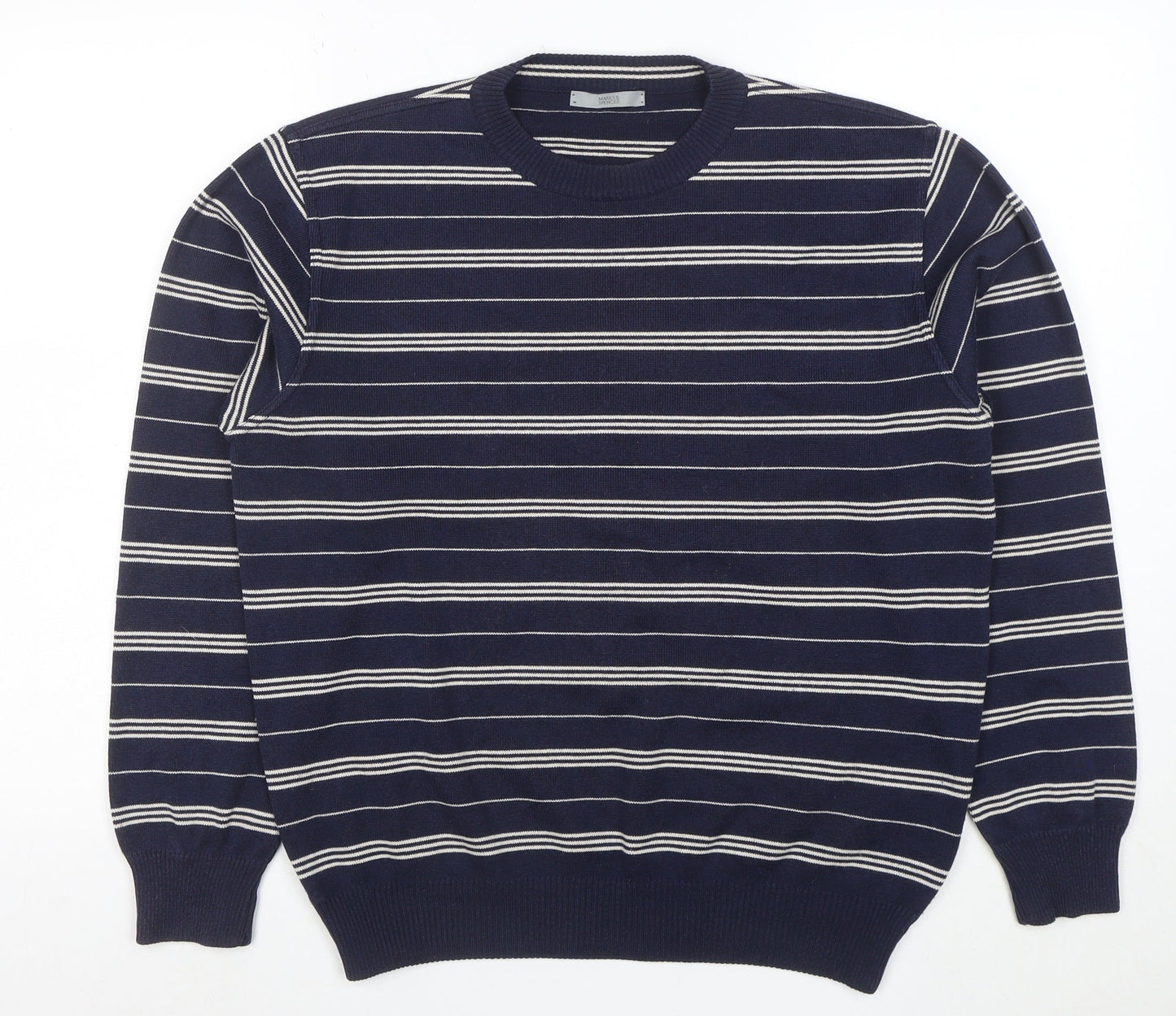 Marks and Spencer Men's Blue Striped Cotton Blend Pullover Jumper Size S