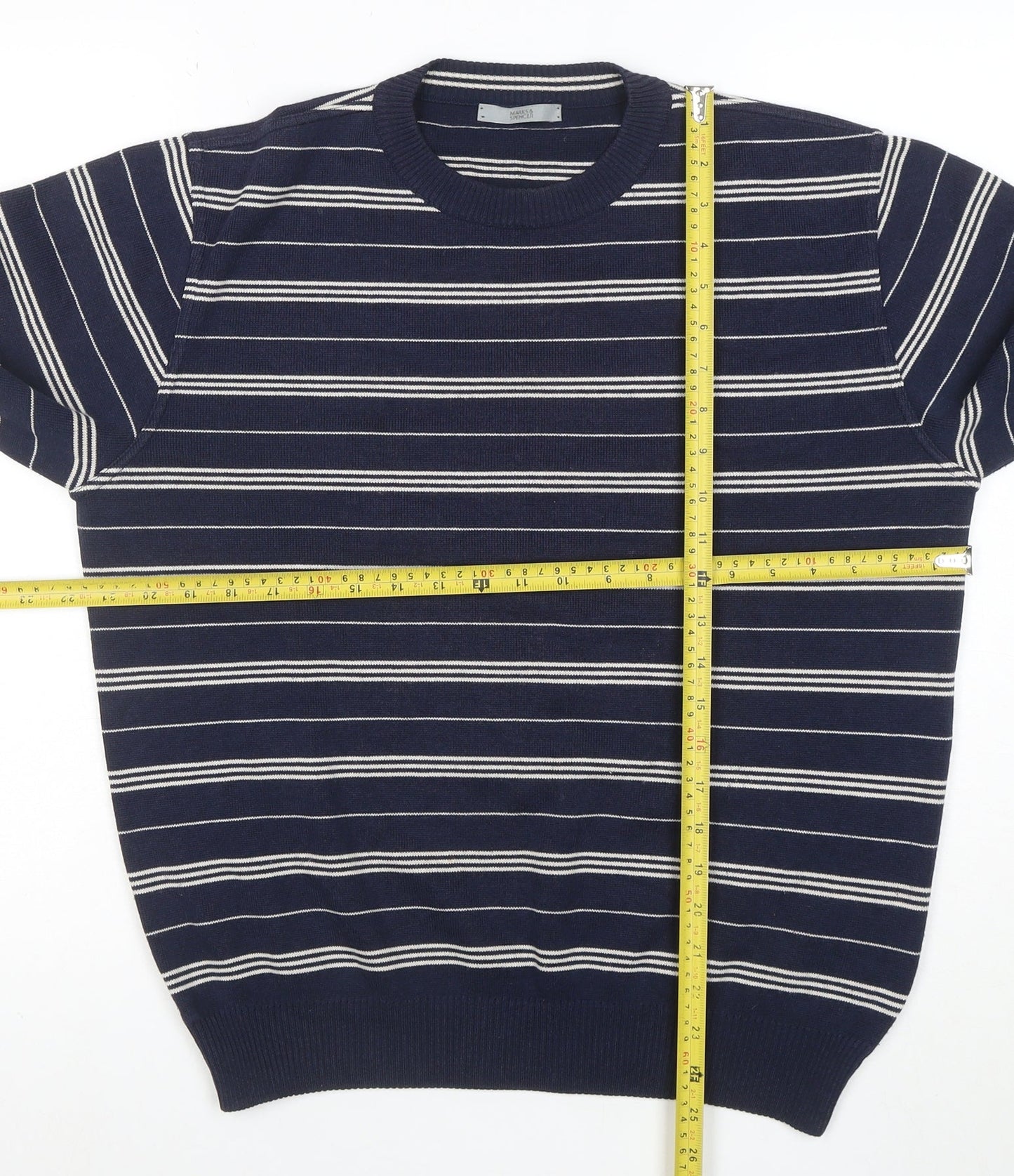 Marks and Spencer Men's Blue Striped Cotton Blend Pullover Jumper Size S
