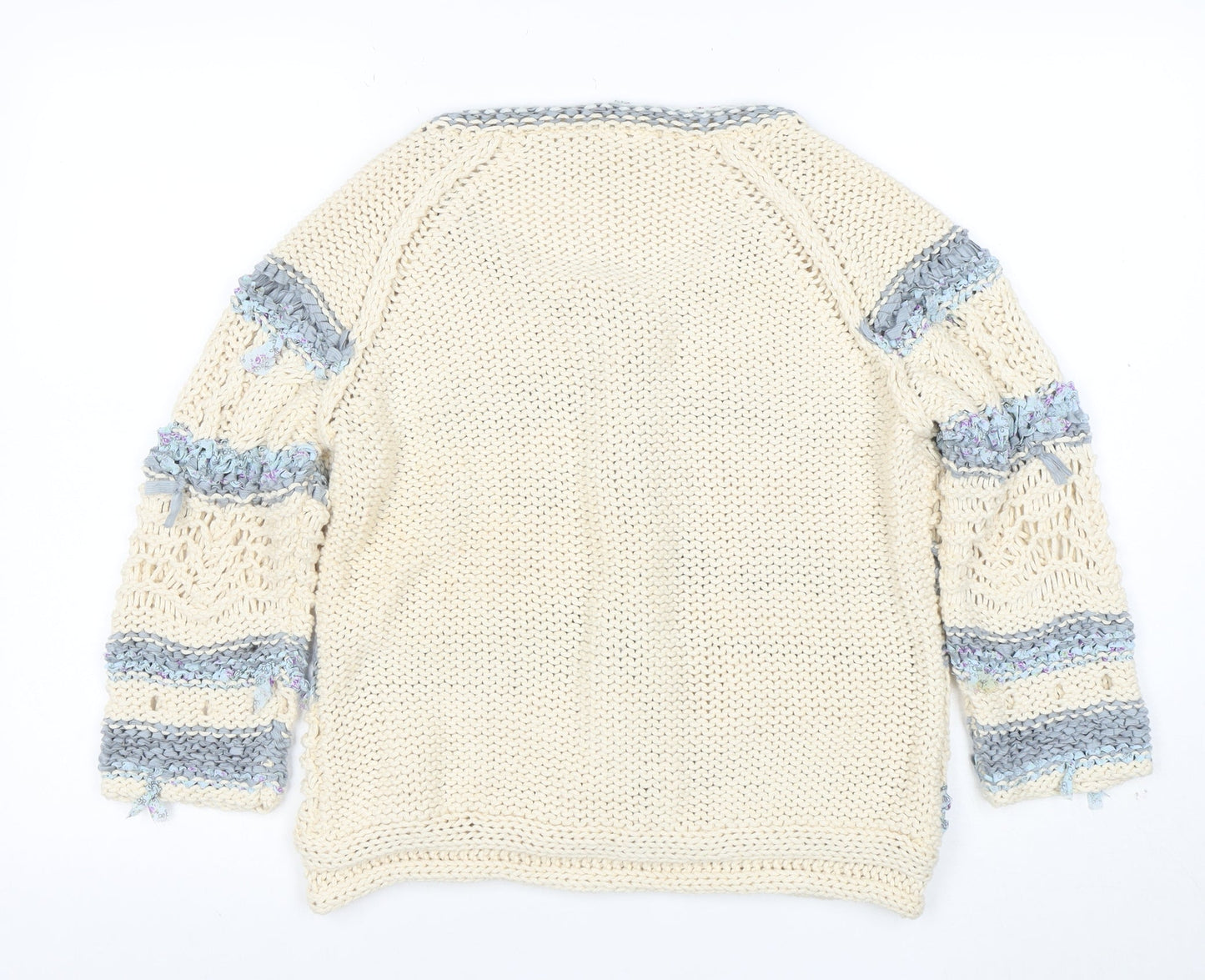 Next Women Beige Blue Knit Cardigan L Crochet Button Cotton Blend
