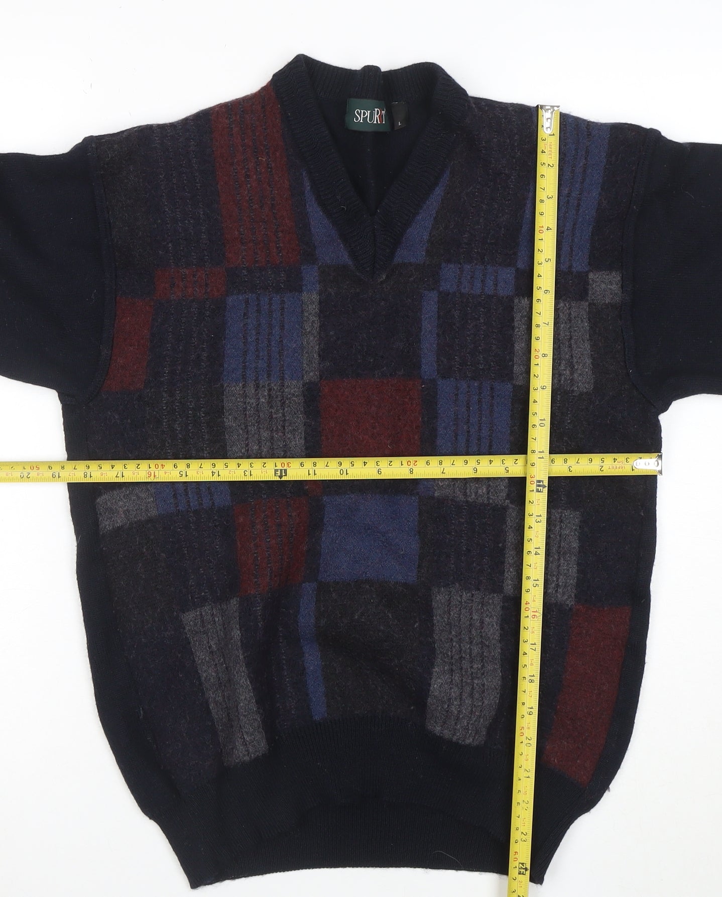 SPURT Men's Multicoloured Check V-Neck Wool Blend Jumper L