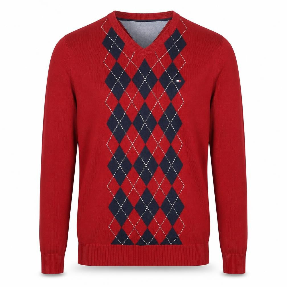 Tommy Hilfiger Men's Red Argyle V-Neck Cotton Jumper M