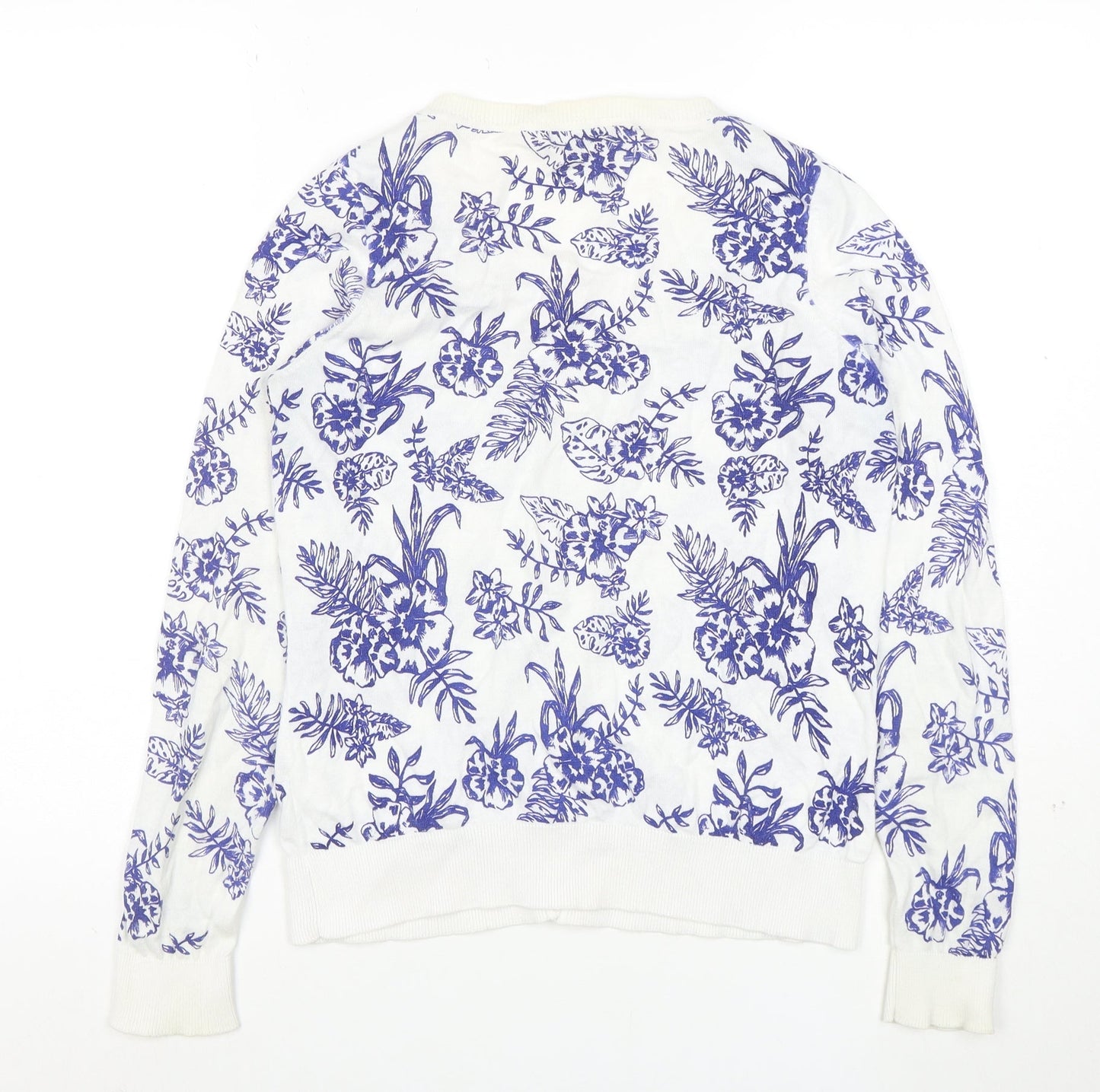 New Look Womens White Blue Floral Cardigan Size 12 Cotton Blend Knit