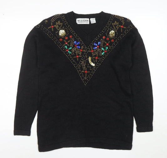 Western Connection Women's Black Beaded V-Neck Knit Jumper Size S
