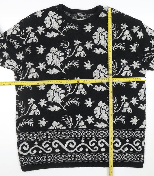 Southern Lady Womens Black Floral Knit Pullover Jumper Size L