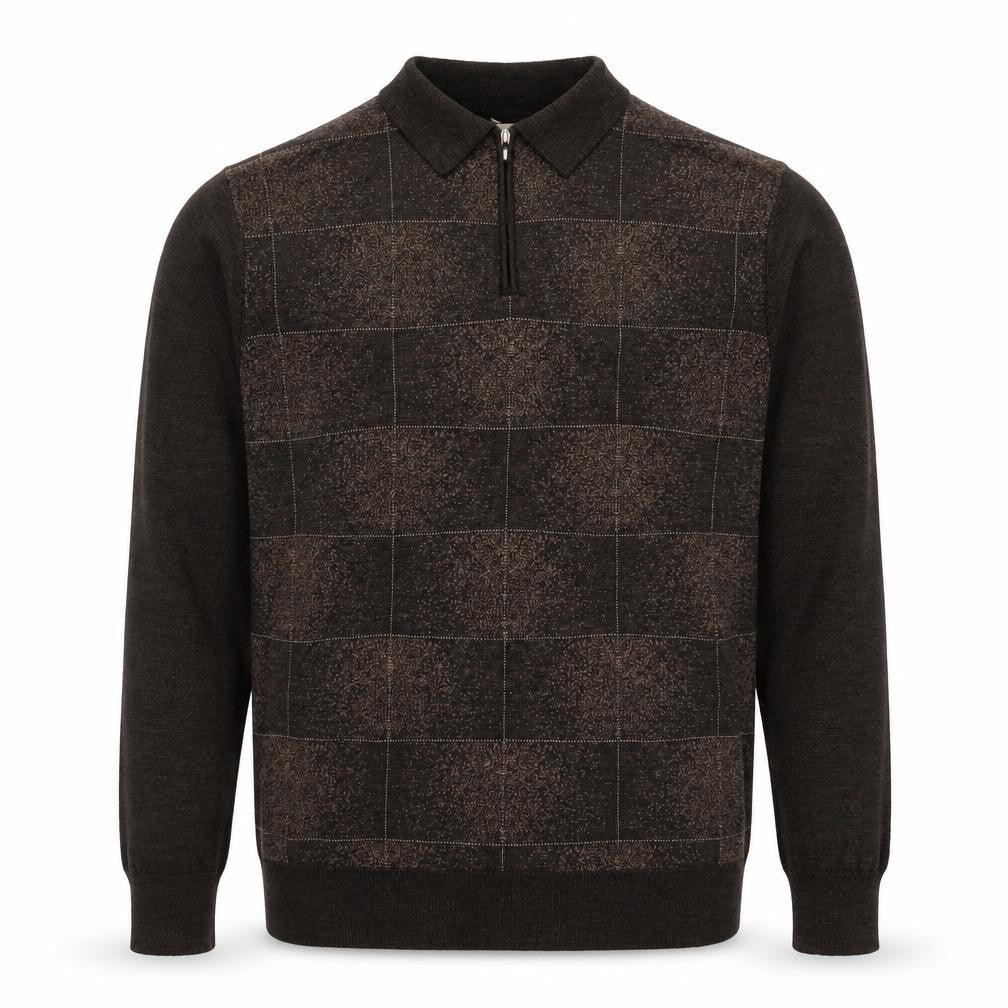 Pronto-Uomo Men's Brown L 1/4 Zip Collared Check Wool Blend Jumper