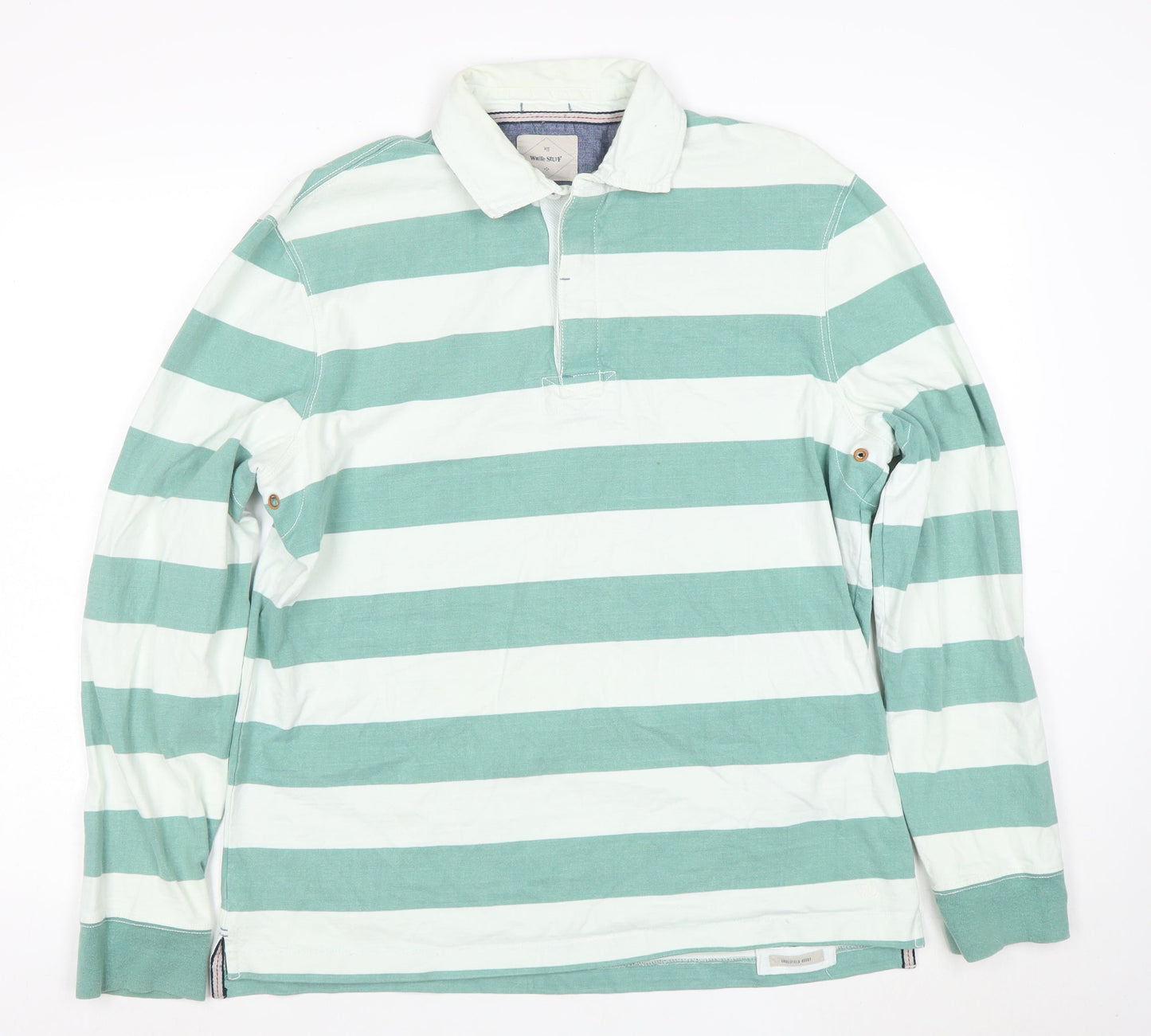 White Stuff Men's Green Striped Long Sleeve Polo Shirt Size L