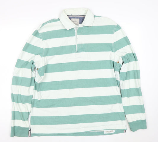 White Stuff Men's Green Striped Long Sleeve Polo Shirt Size L