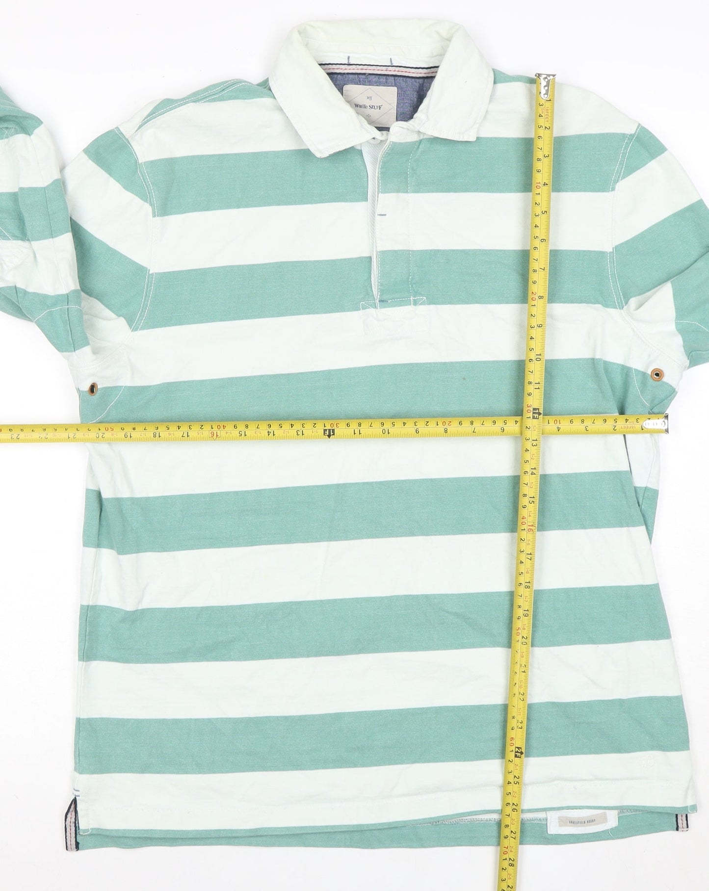 White Stuff Men's Green Striped Long Sleeve Polo Shirt Size L