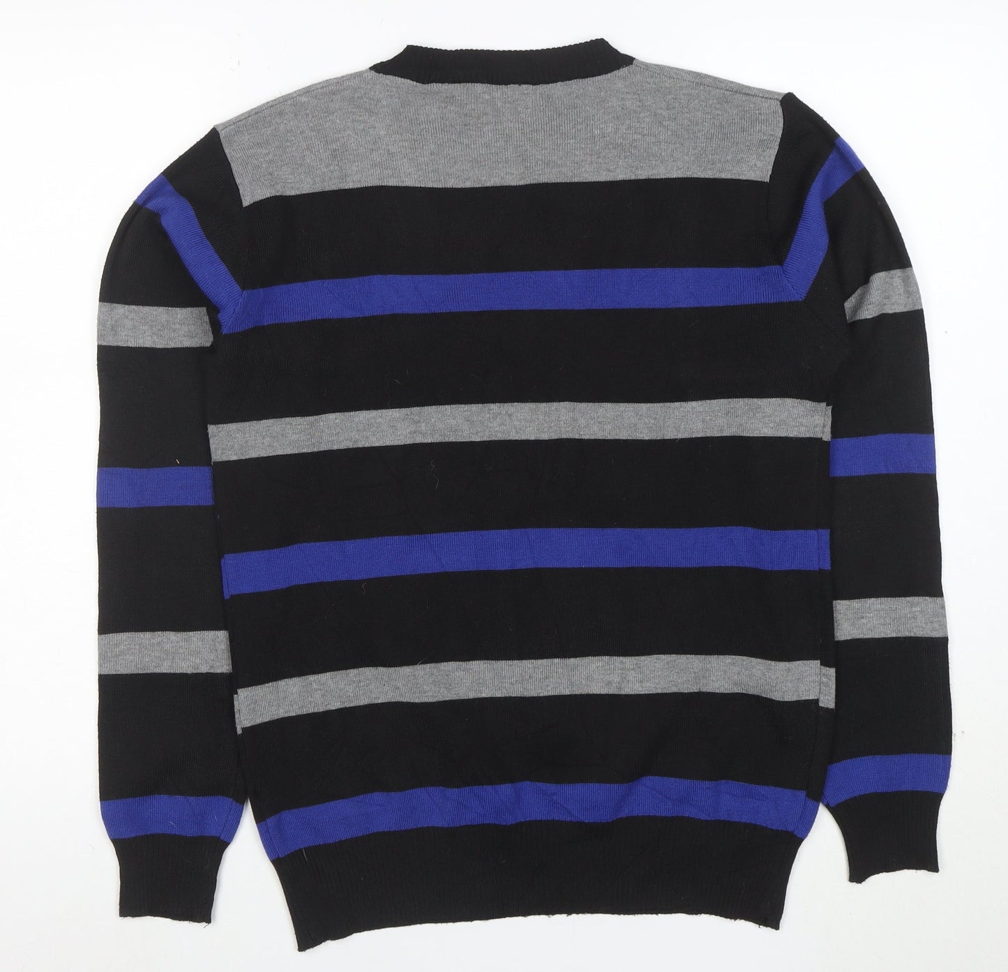 HOT Men's Black Grey Blue Striped Crew Neck Wool Blend Jumper L