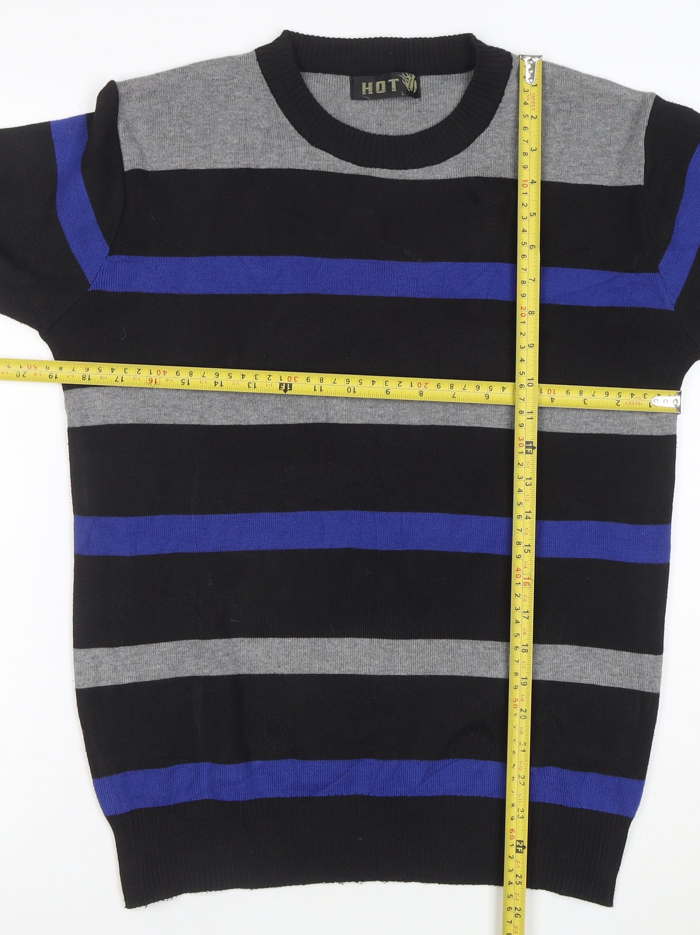 HOT Men's Black Grey Blue Striped Crew Neck Wool Blend Jumper L