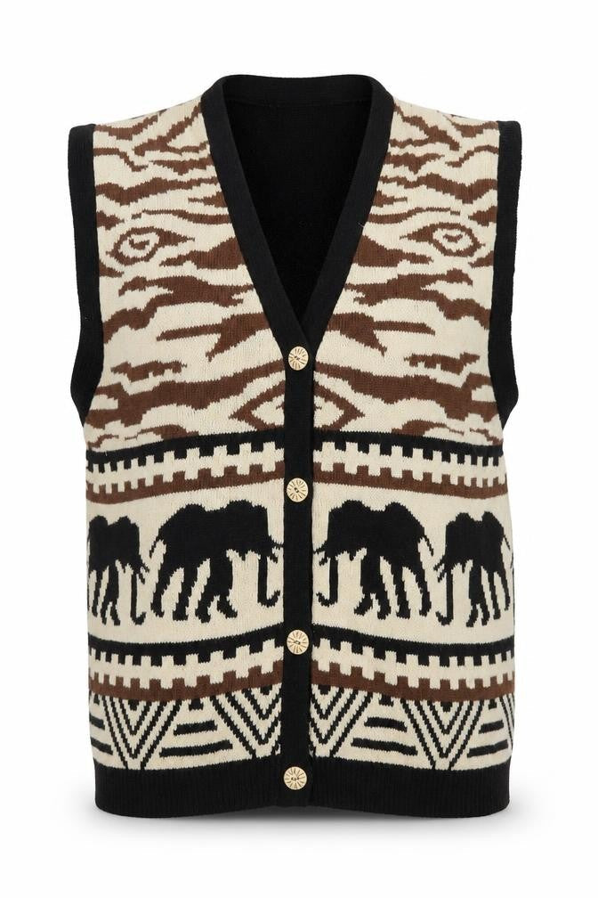 Anthony Mark Hankins Men's Black L Animal Print Sleeveless Cardigan