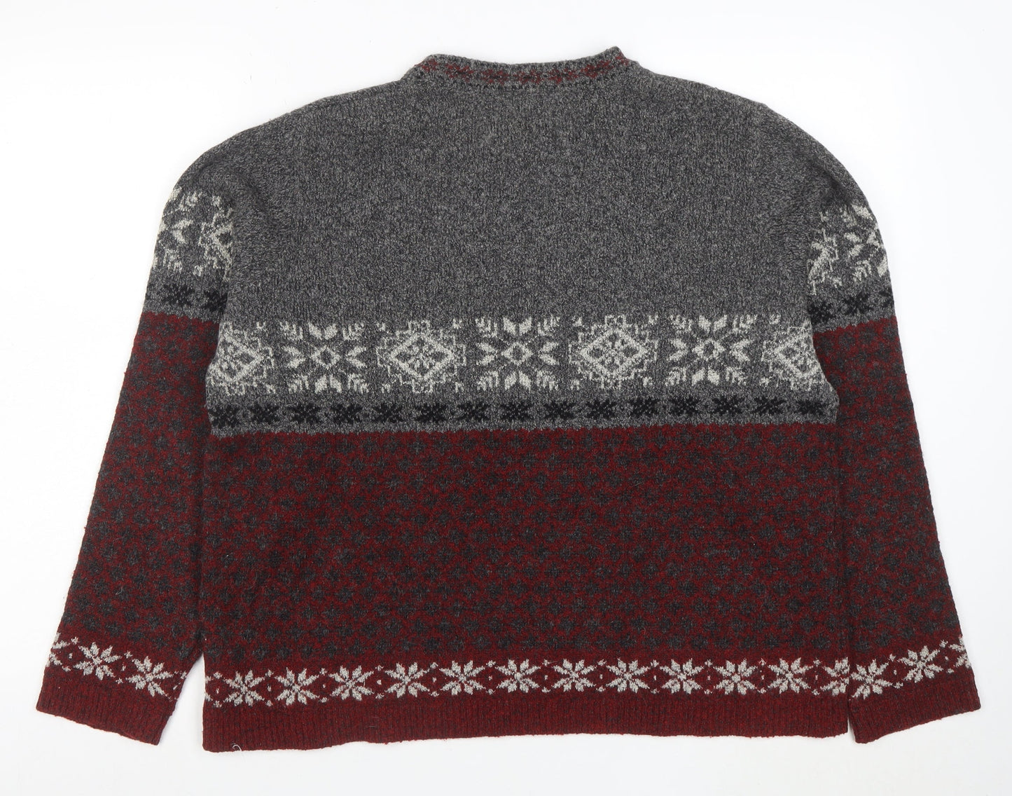 Eddie Bauer Womens Grey Red Fair Isle Wool Jumper Size L Winter Knit