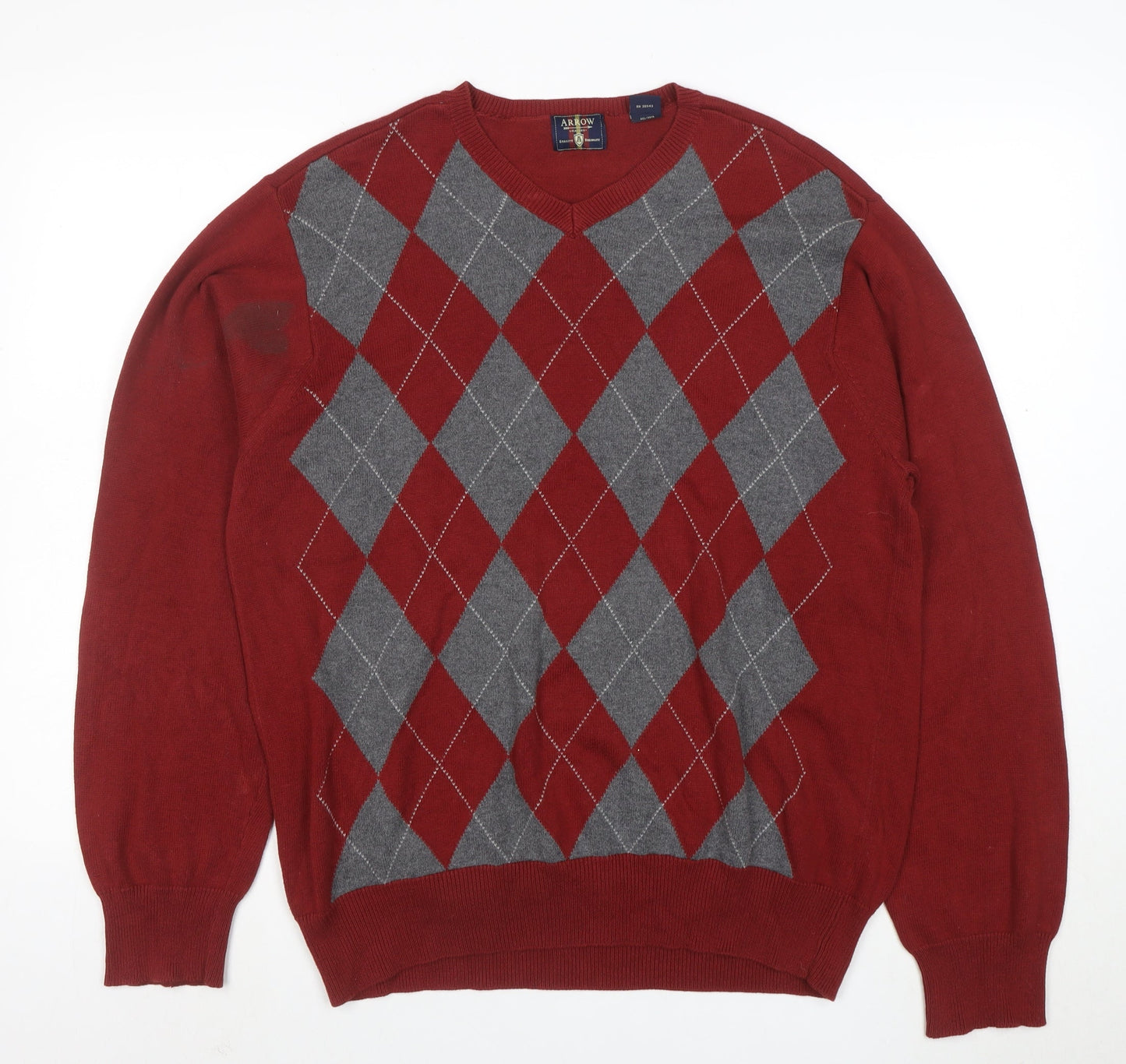 Arrow Men's Red Argyle Cotton V-Neck Jumper Size M