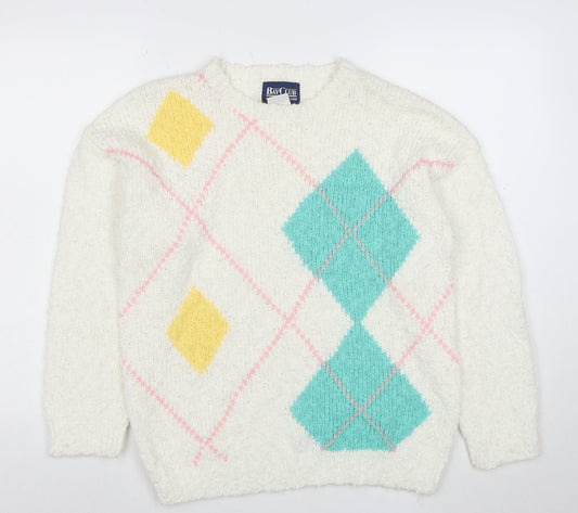 Bay Club Men's Ivory Argyle Chunky Knit Pullover Sweater M