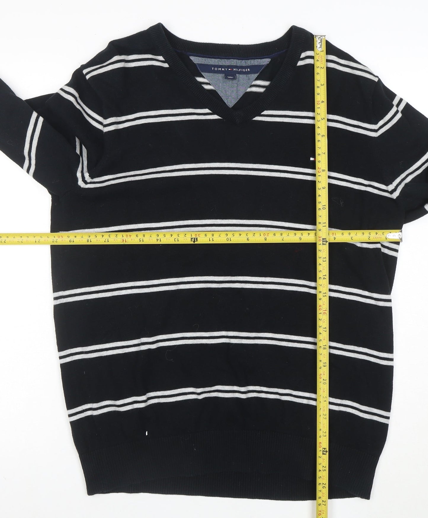 Tommy Hilfiger Men's Black V-Neck Striped Cotton Pullover Jumper L