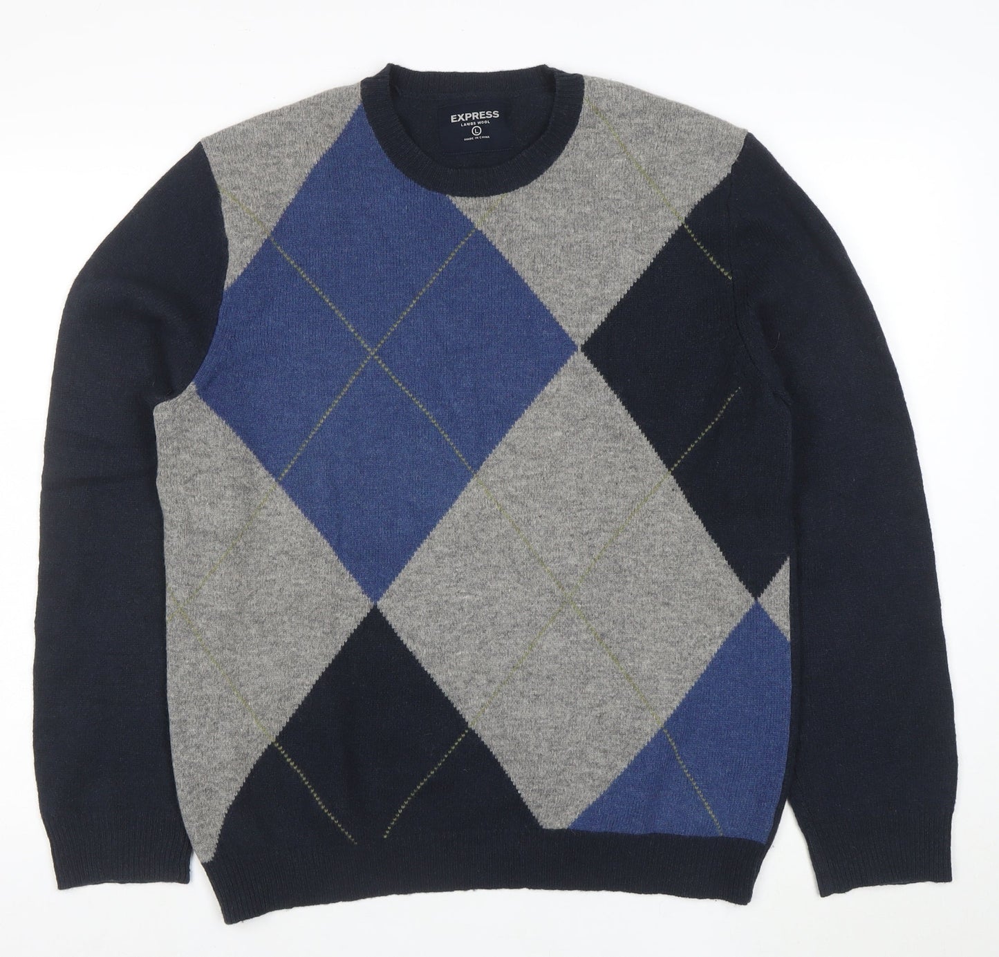 Express Men's Blue Argyle Lambswool Jumper Size L Crew Neck