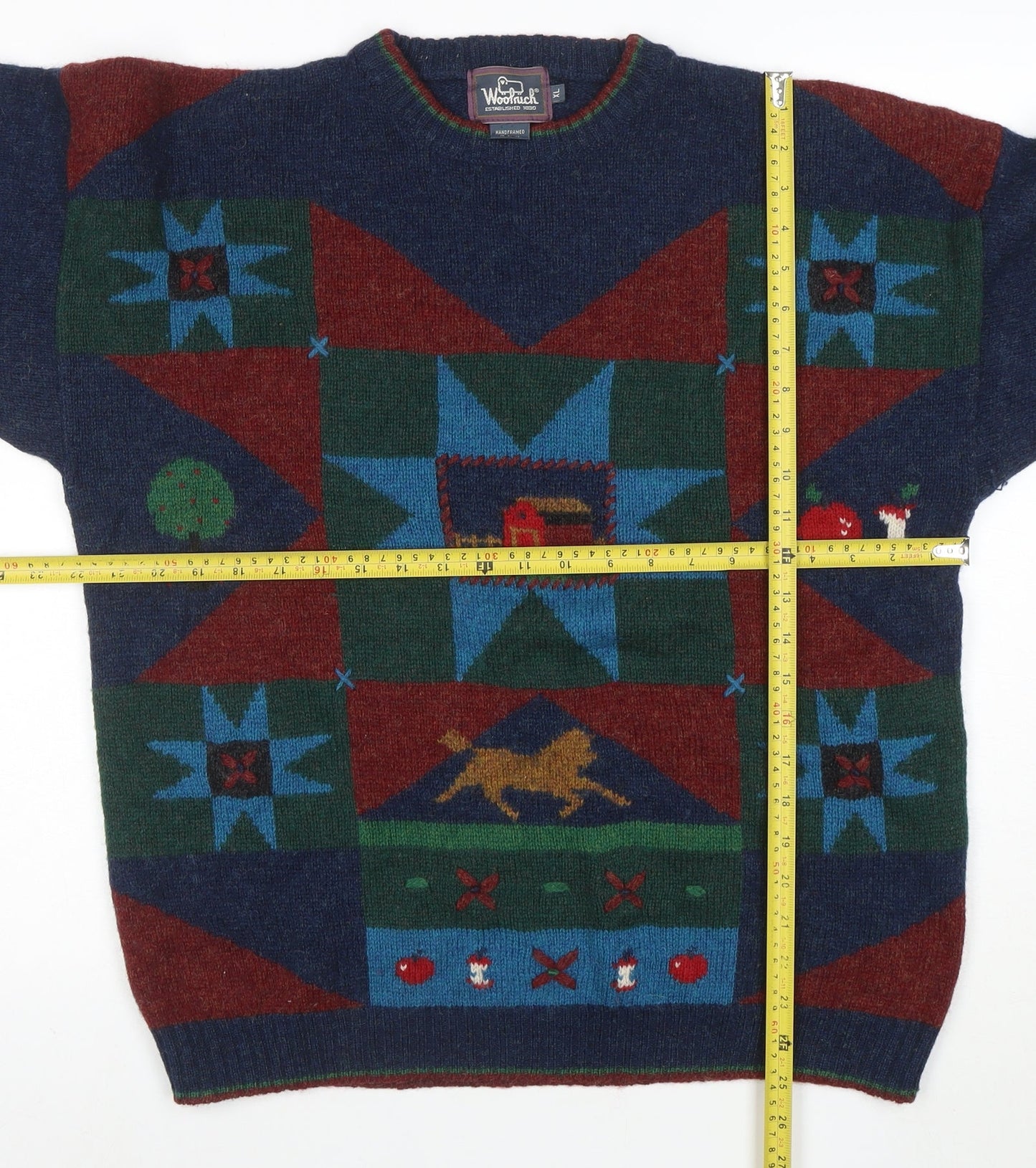 Woolrich Men's Multicoloured Wool Crew Neck Geometric Jumper XL Vintage