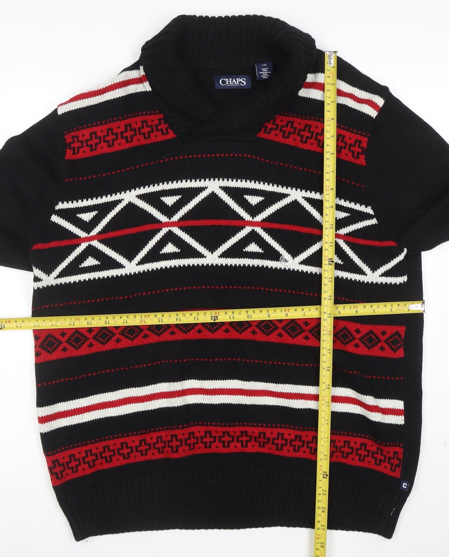 Chaps Men’s Black Roll Neck Geometric Cotton Jumper Size L
