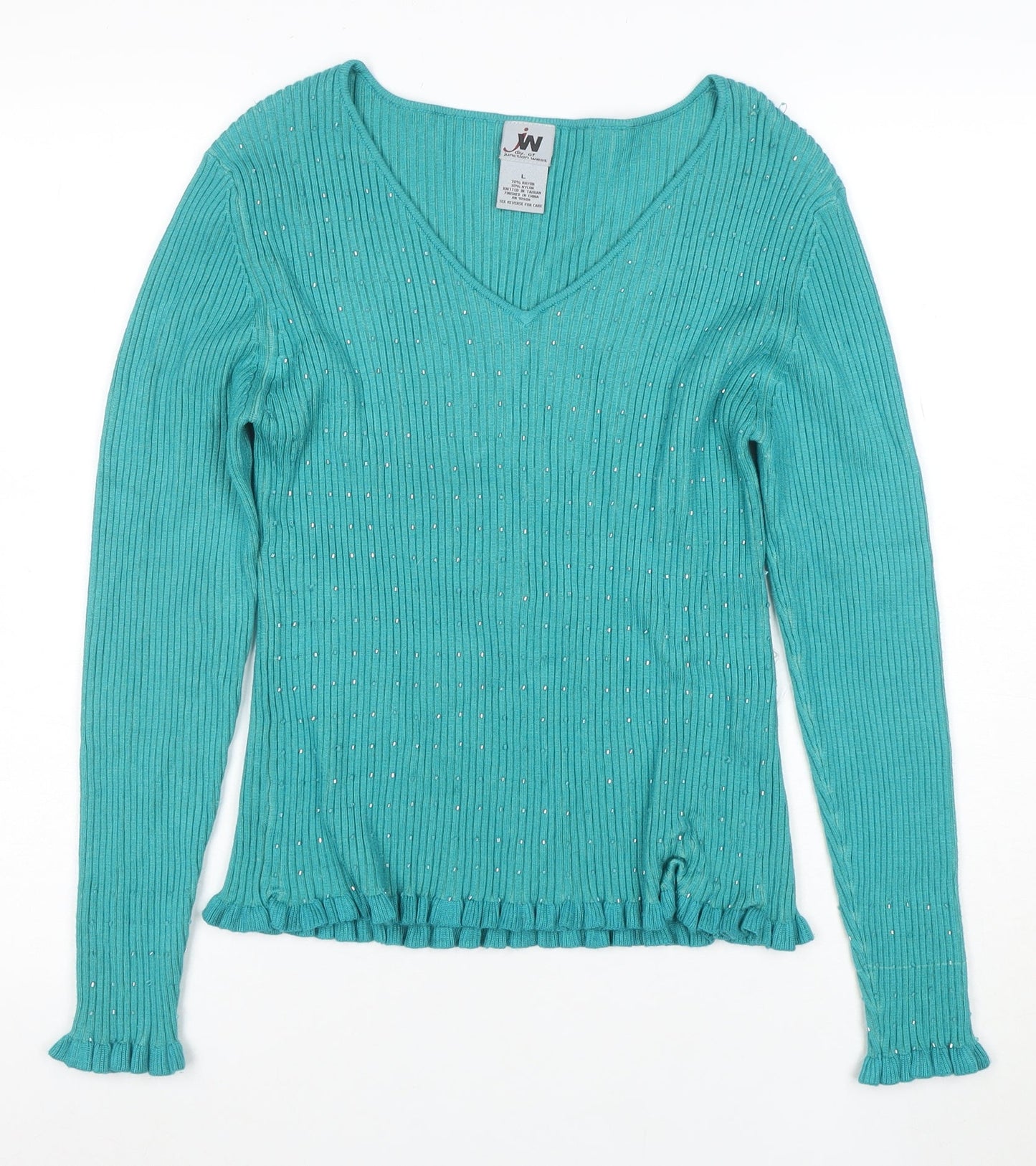 Junction West Women's Blue Rhinestone V-Neck Knit Blouse Size L