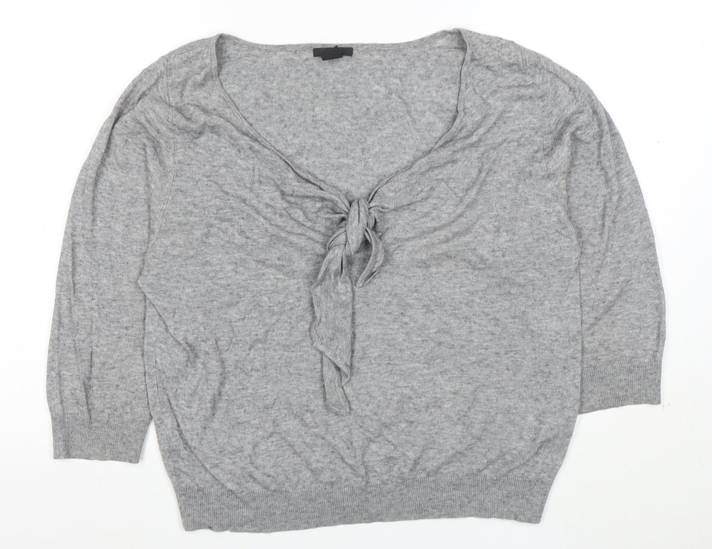 H&M Women Grey M Boat Neck Tie Front Jumper 3/4 Sleeve Lightweight