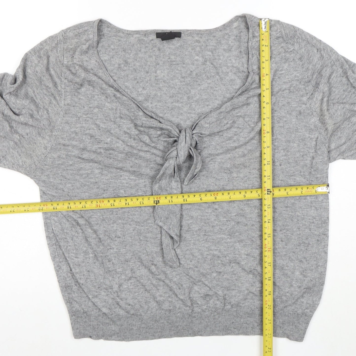 H&M Women Grey M Boat Neck Tie Front Jumper 3/4 Sleeve Lightweight