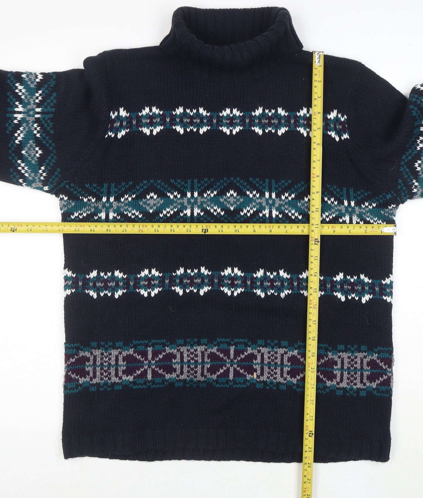 Denim & Co. Men's Blue Fair Isle Roll Neck Chunky Knit Jumper L