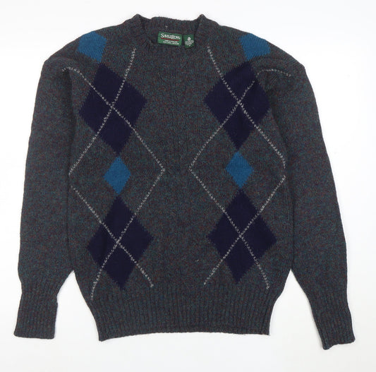 Savile Row Men's Blue Wool Argyle Pullover Jumper M