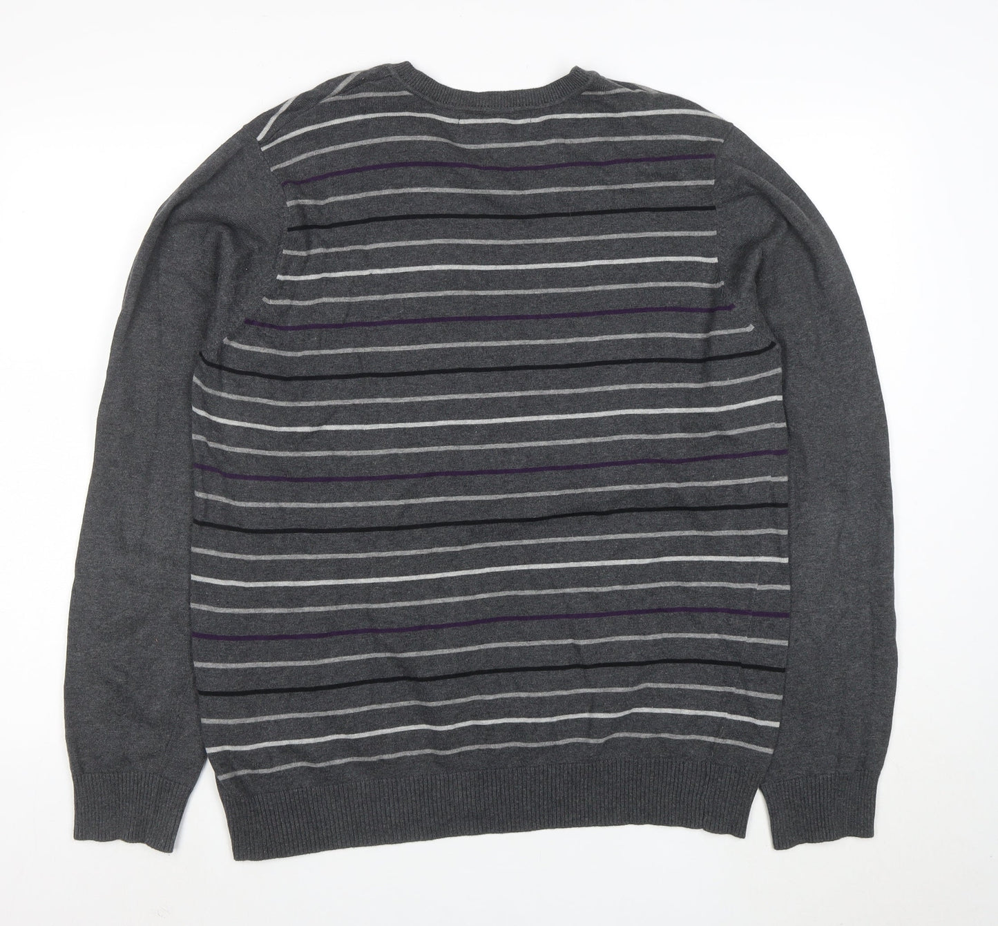 Emanuele Ungaro Men’s Grey Striped V-Neck Cotton Jumper Size L
