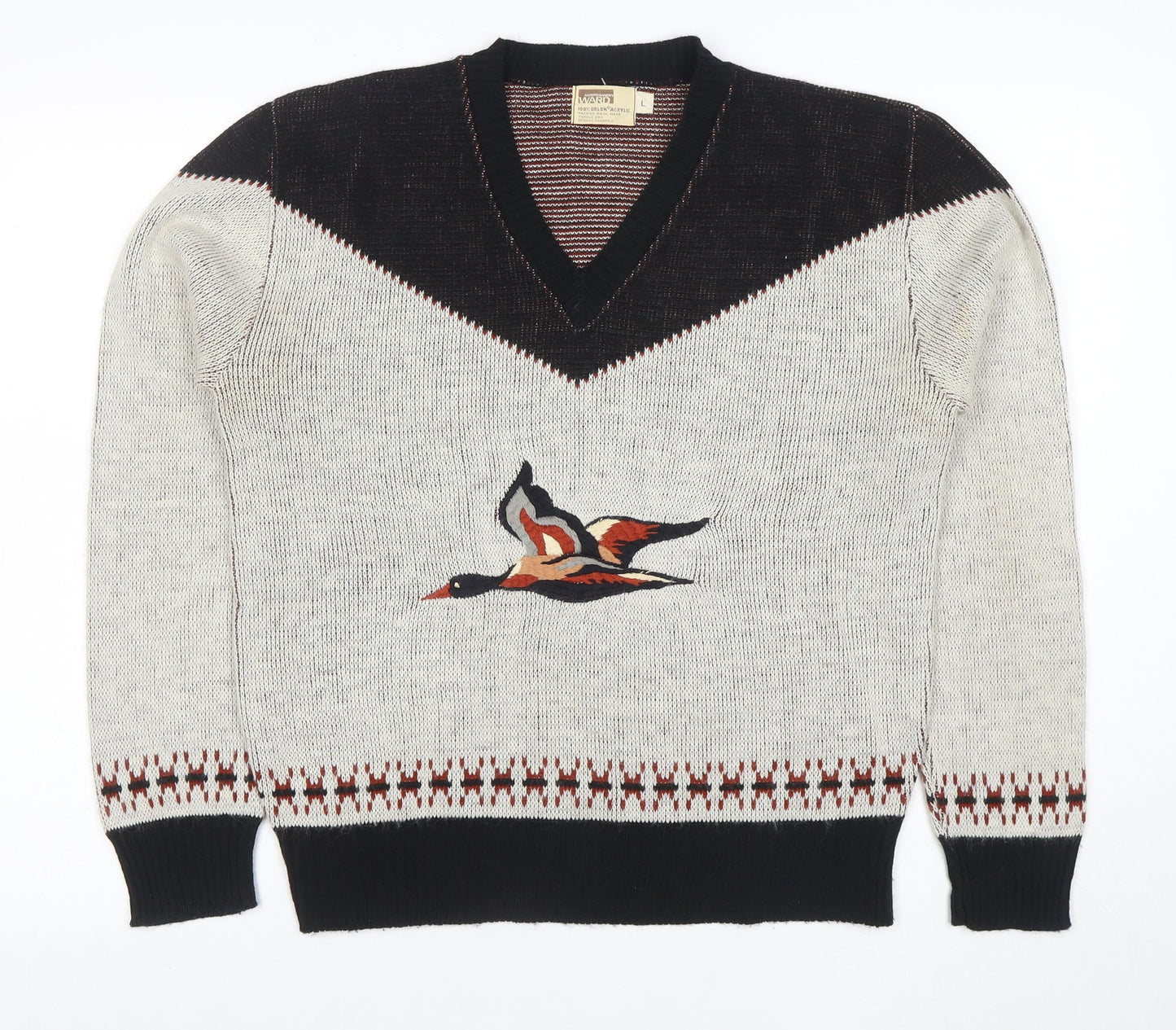 Montgomery Ward Women Beige Black V-Neck Pullover Jumper L Acrylic Bird Motif