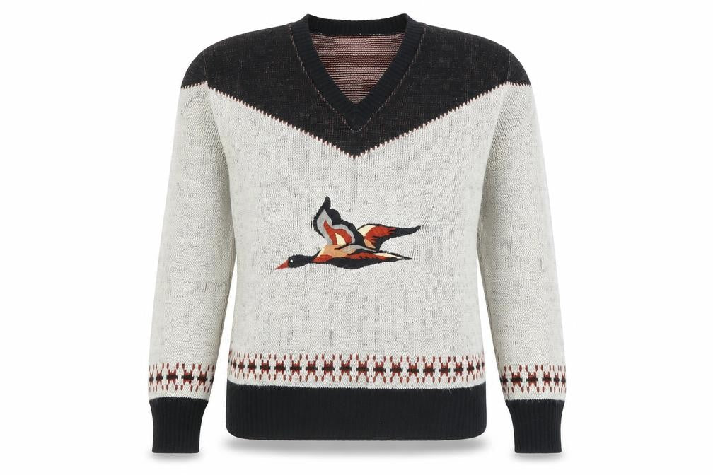 Montgomery Ward Women Beige Black V-Neck Pullover Jumper L Acrylic Bird Motif