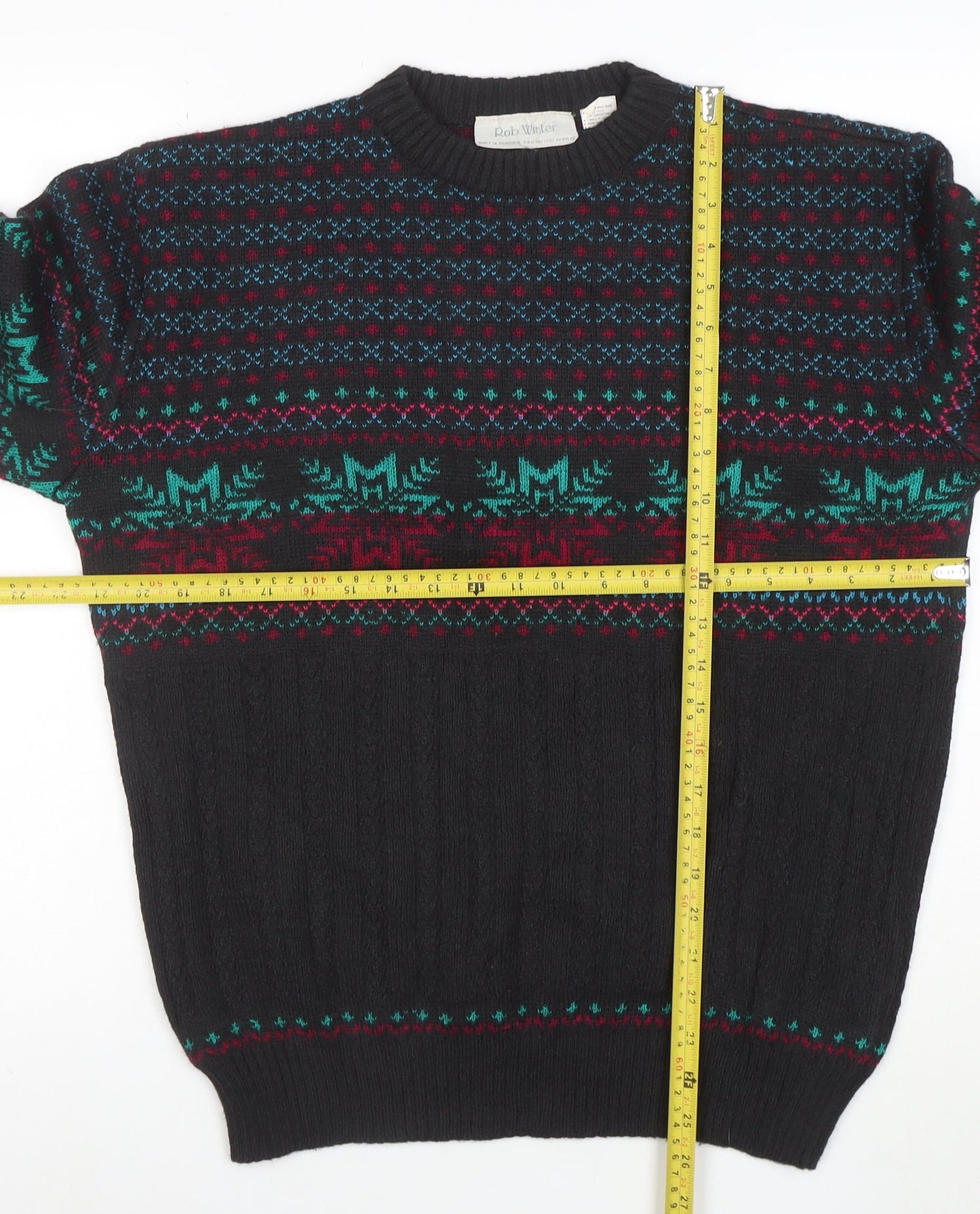 Rob Winter Men's Black Fair Isle Knit Jumper M Acrylic 90s Style