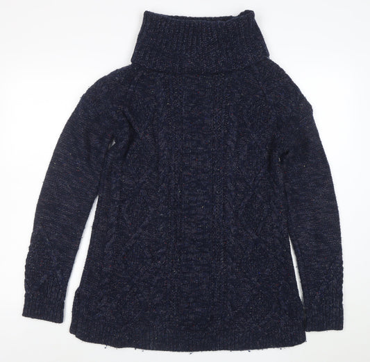 Lands' End Women's Blue Roll Neck Cable Knit Jumper Size S