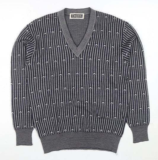 CROSS Men's Blue Geometric V-Neck Cotton Blend Jumper M