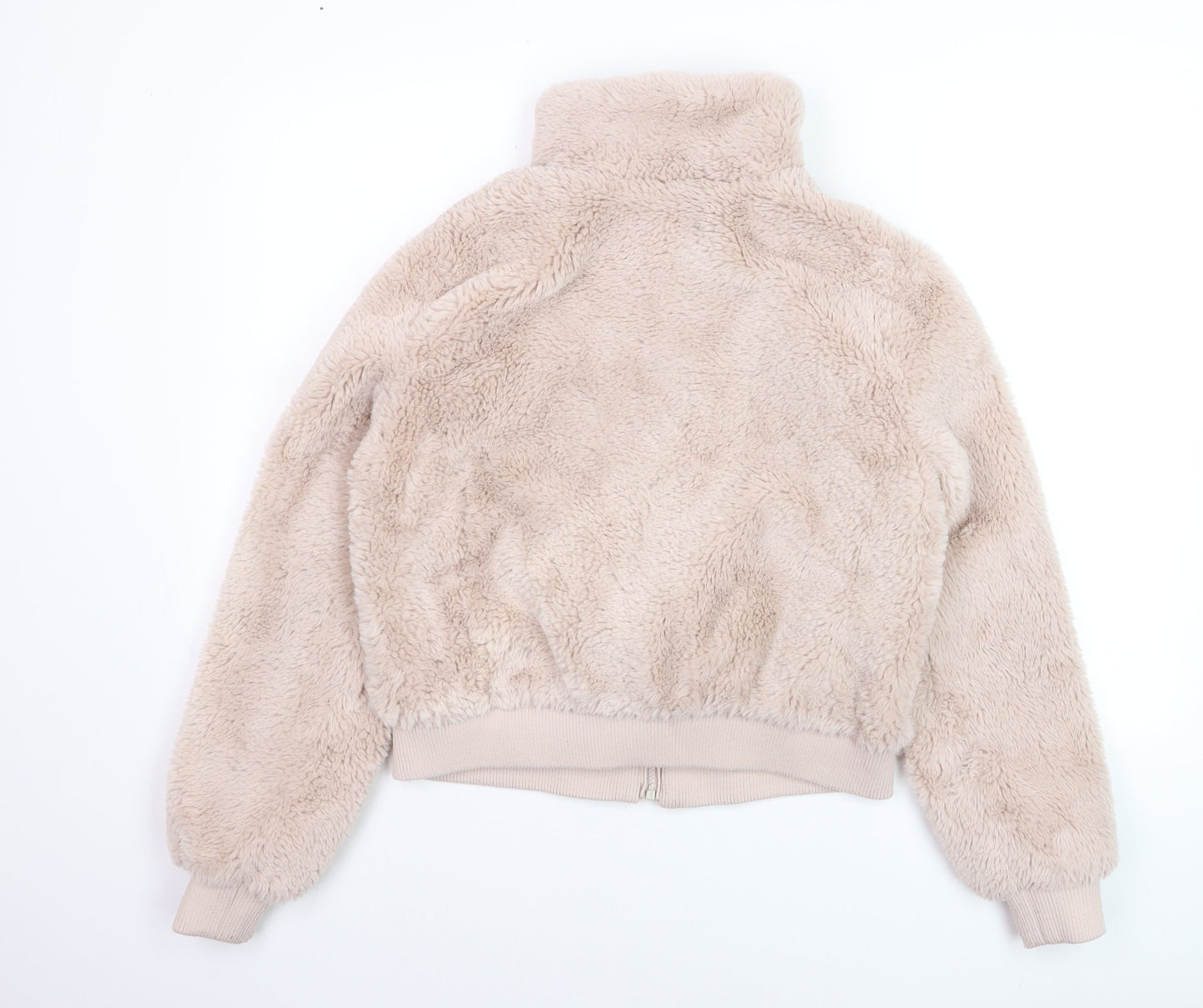 Pull & Bear Women Beige Faux Fur Zip Short Jacket Size 12