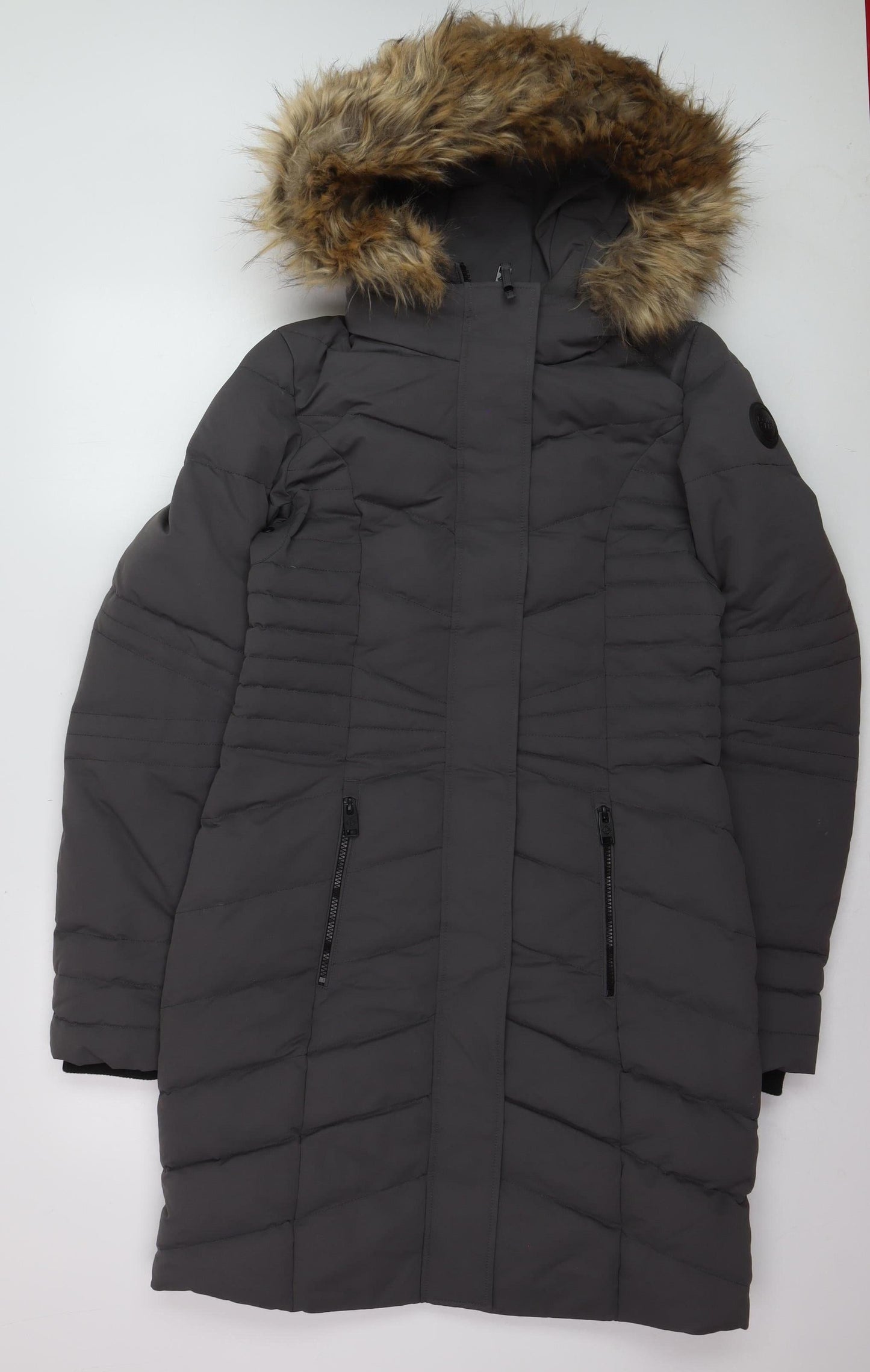 Point Zero Women's Grey XS Long Puffer Coat with Faux Fur Hood